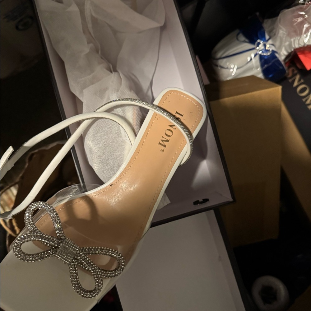 Lemon White Heels with Rhinestone Bow